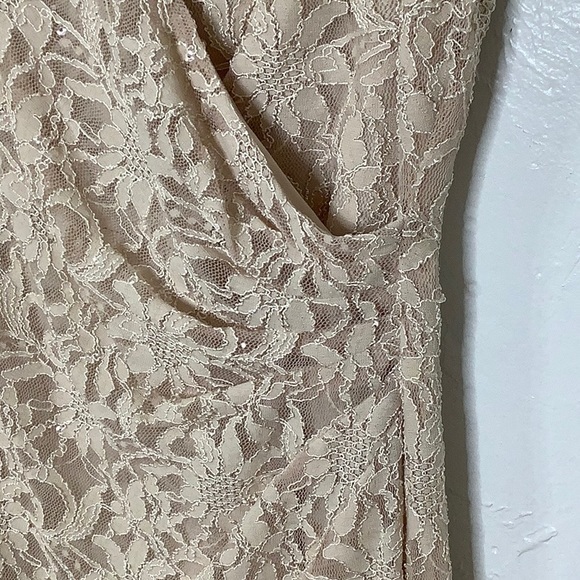 Lauren Ralph Lauren v neck floral lace side gather cream Nude midi dress size 14 - Picture 4 of 15